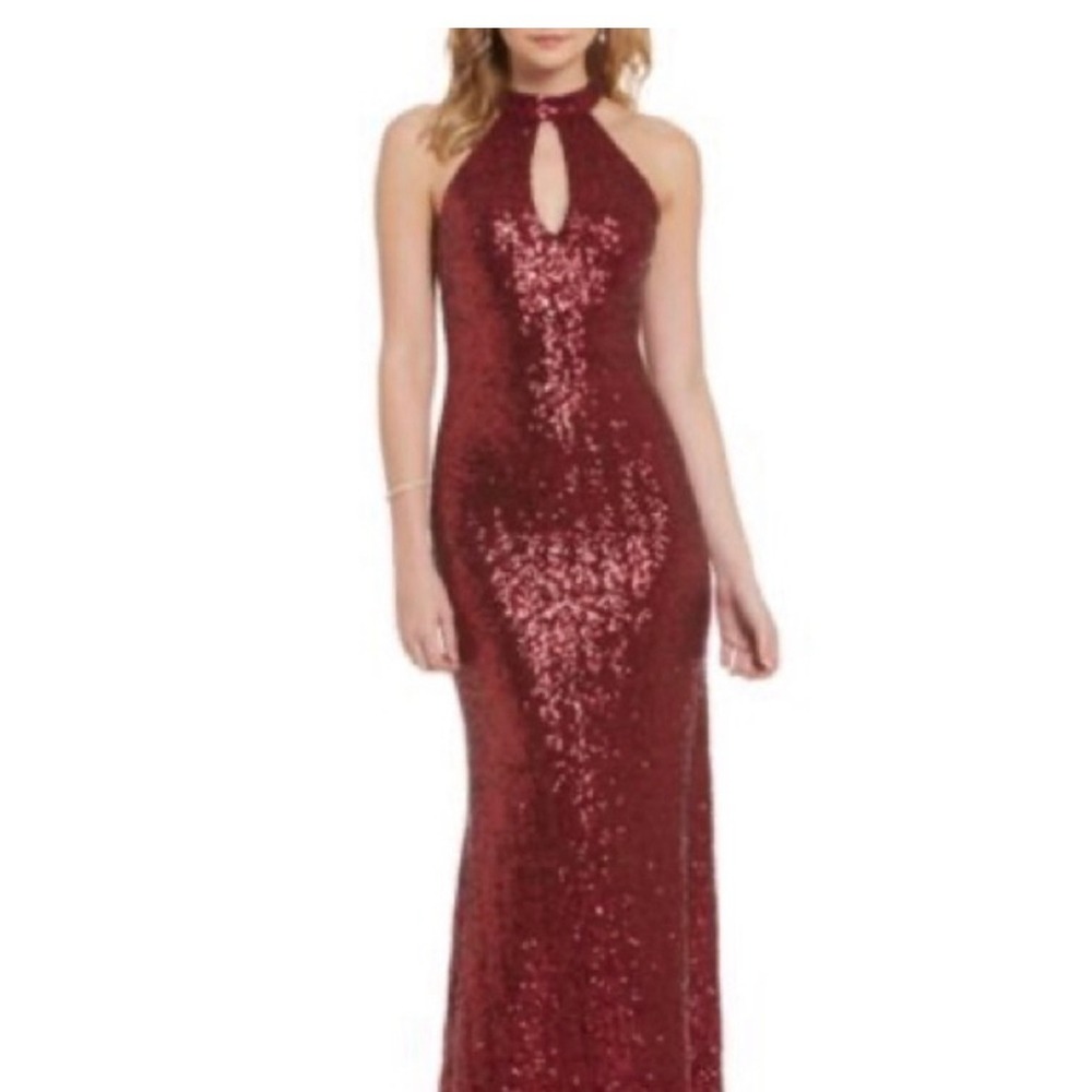 Windsor Burgundy Sequin Halter Keyhole Formal Gown Dress Size 7/8 Q851J689